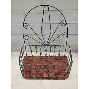 Vintage Wicker Metal Green swirl Wall Hanging Basket: 12.5” X 12" X 7" Deep 90s